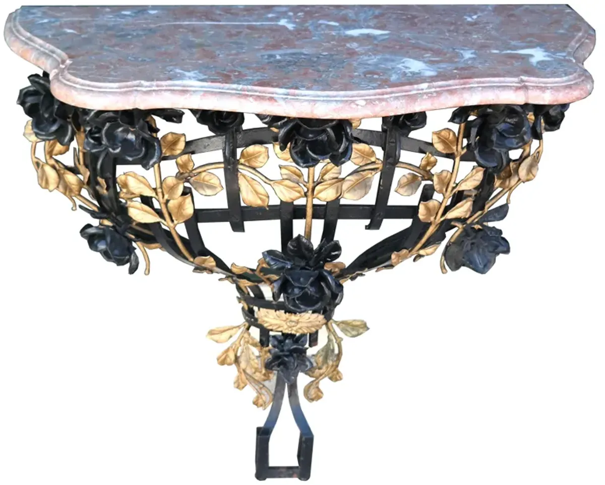 French Iron Marble Top Console C.1920 - Antiquarian Art Company - Pink