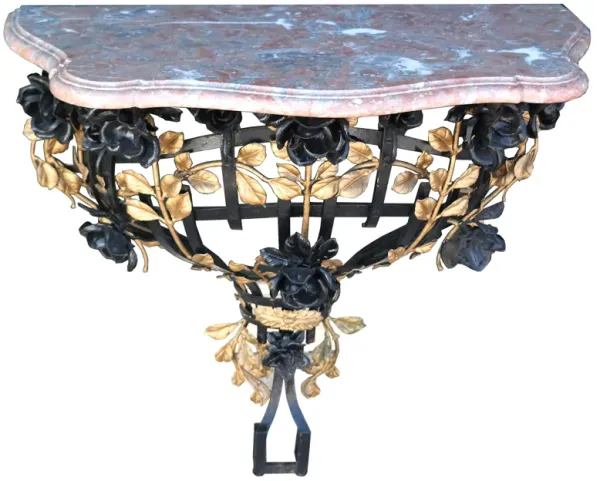 French Iron Marble Top Console C.1920 - Antiquarian Art Company - Pink