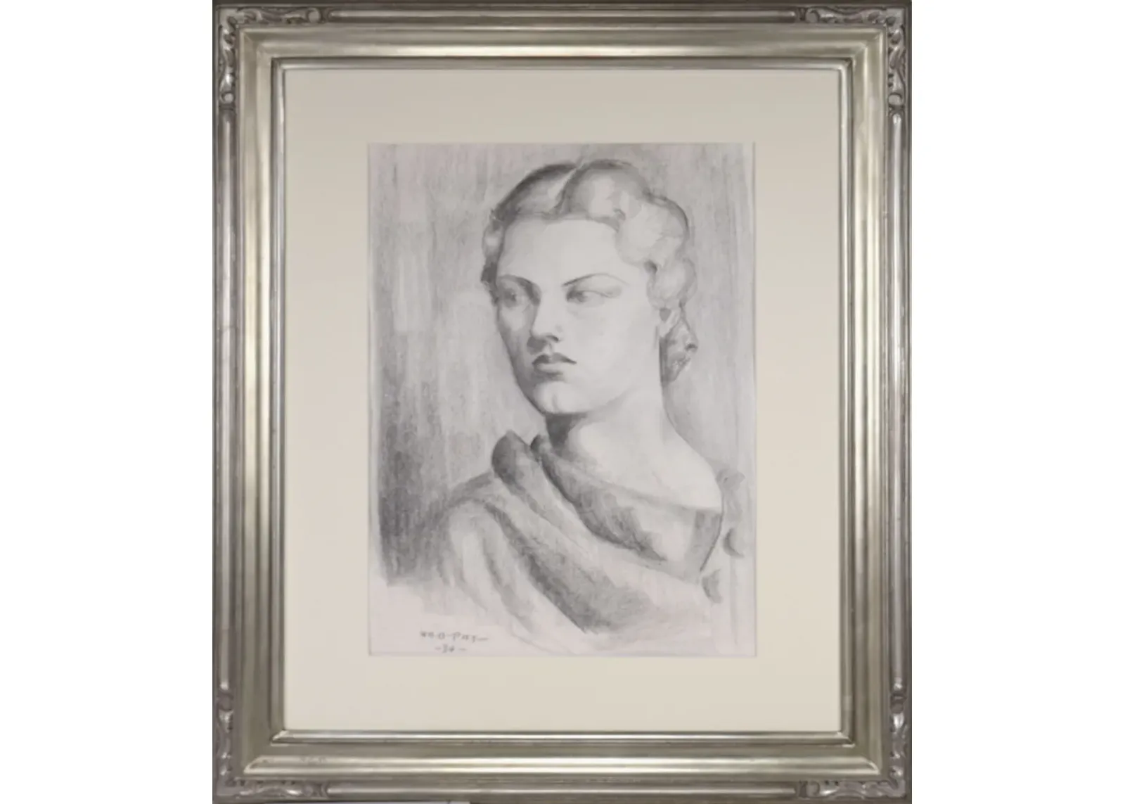 Vintage Art Deco Portrait Drawing 1934 - Antiquarian Art Company - Gray