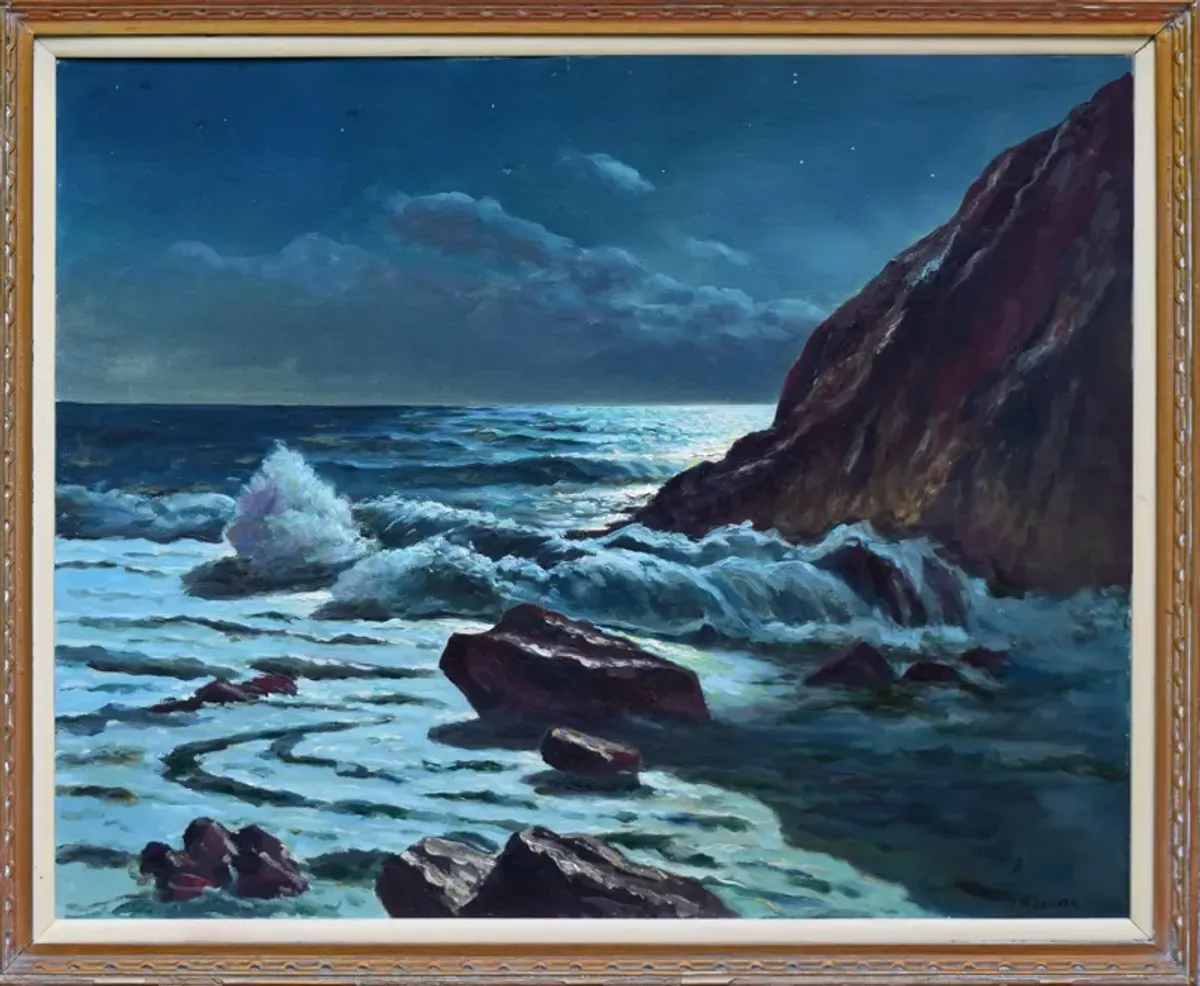 Large Vintage Seascape Nocturne Painting - Antiquarian Art Company - Blue