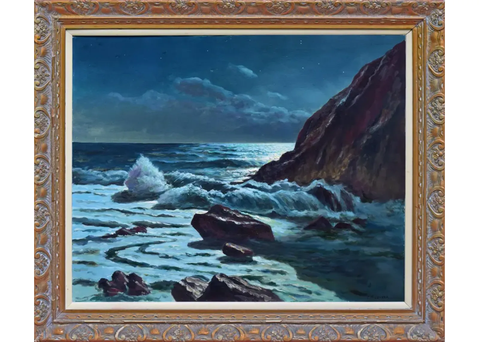 Large Vintage Seascape Nocturne Painting - Antiquarian Art Company - Blue