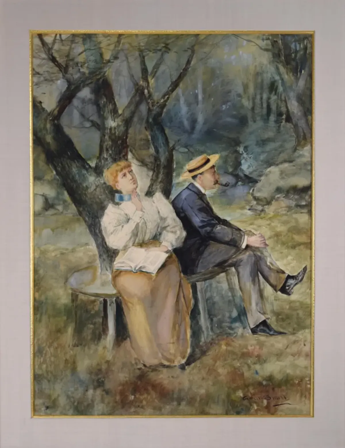 Large Watercolor of Couple by Gean Smith - Antiquarian Art Company - Blue