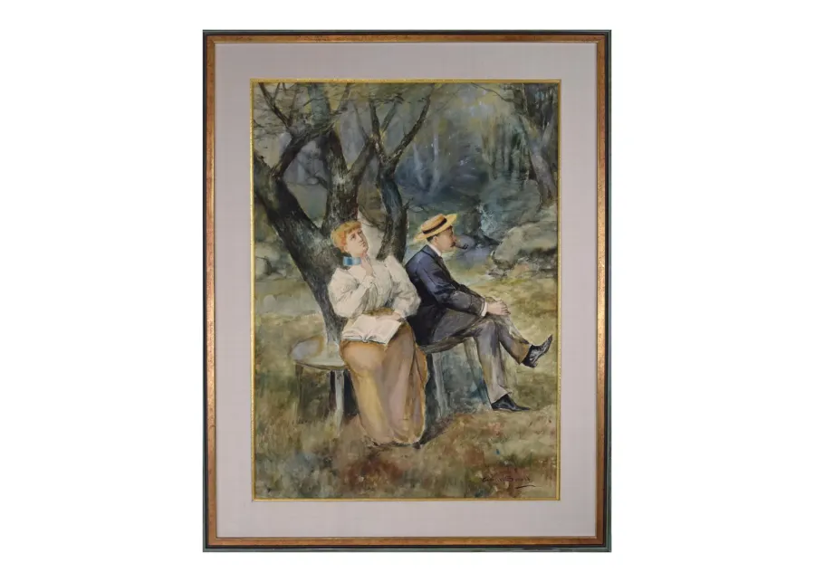 Large Watercolor of Couple by Gean Smith - Antiquarian Art Company - Blue