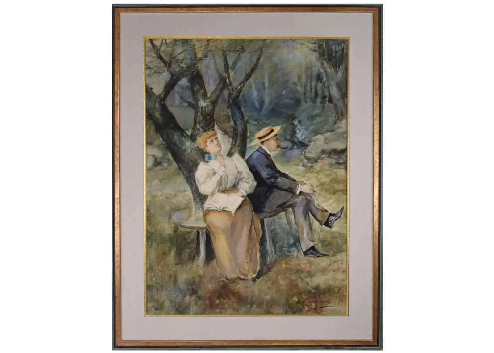 Large Watercolor of Couple by Gean Smith - Antiquarian Art Company - Blue