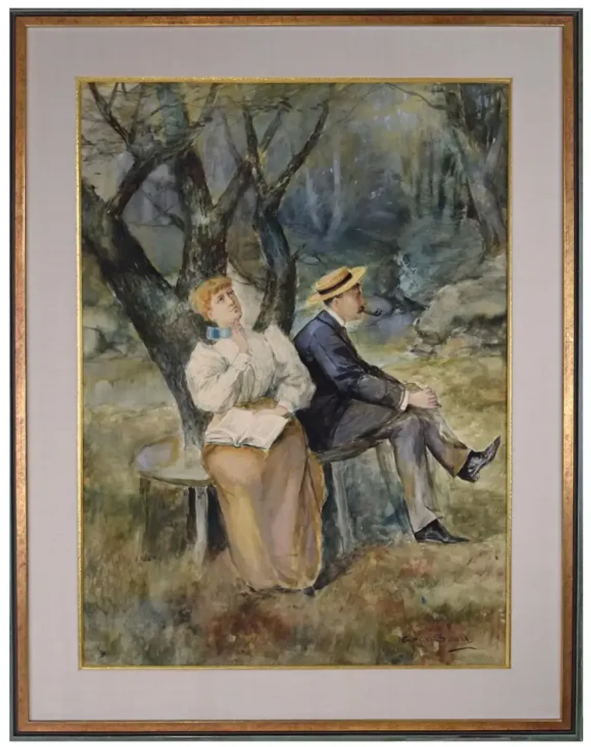 Large Watercolor of Couple by Gean Smith - Antiquarian Art Company - Blue