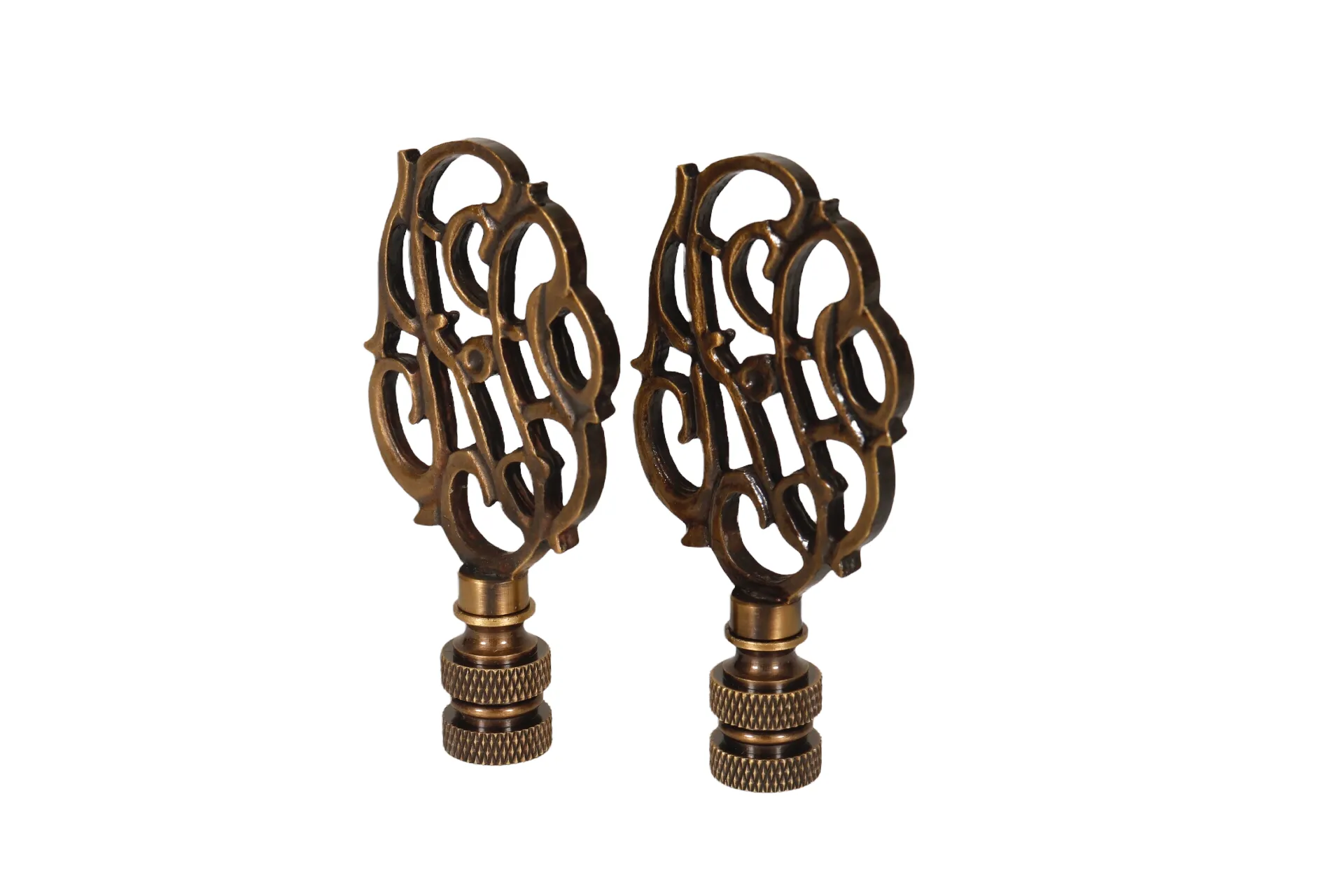 Scrolled Vine Brass Lamp Finials - a Pair By Interesting Things - Brown - Fits a standard size lamp harp