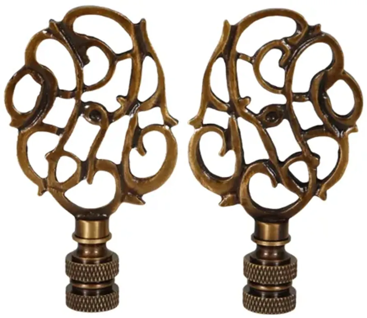 Scrolled Vine Brass Lamp Finials - a Pair By Interesting Things - Brown - Fits a standard size lamp harp