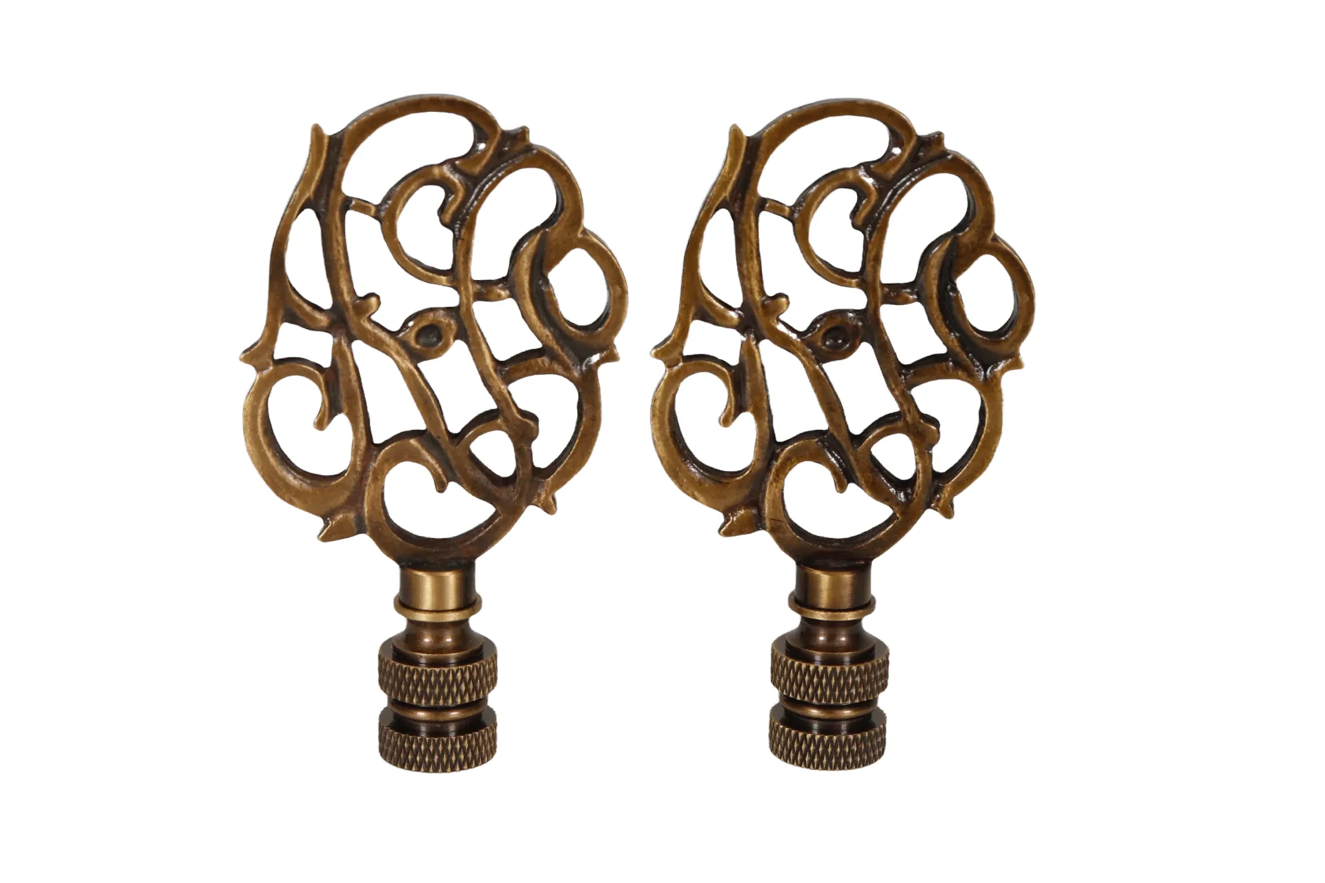 Scrolled Vine Brass Lamp Finials - a Pair By Interesting Things - Brown - Fits a standard size lamp harp