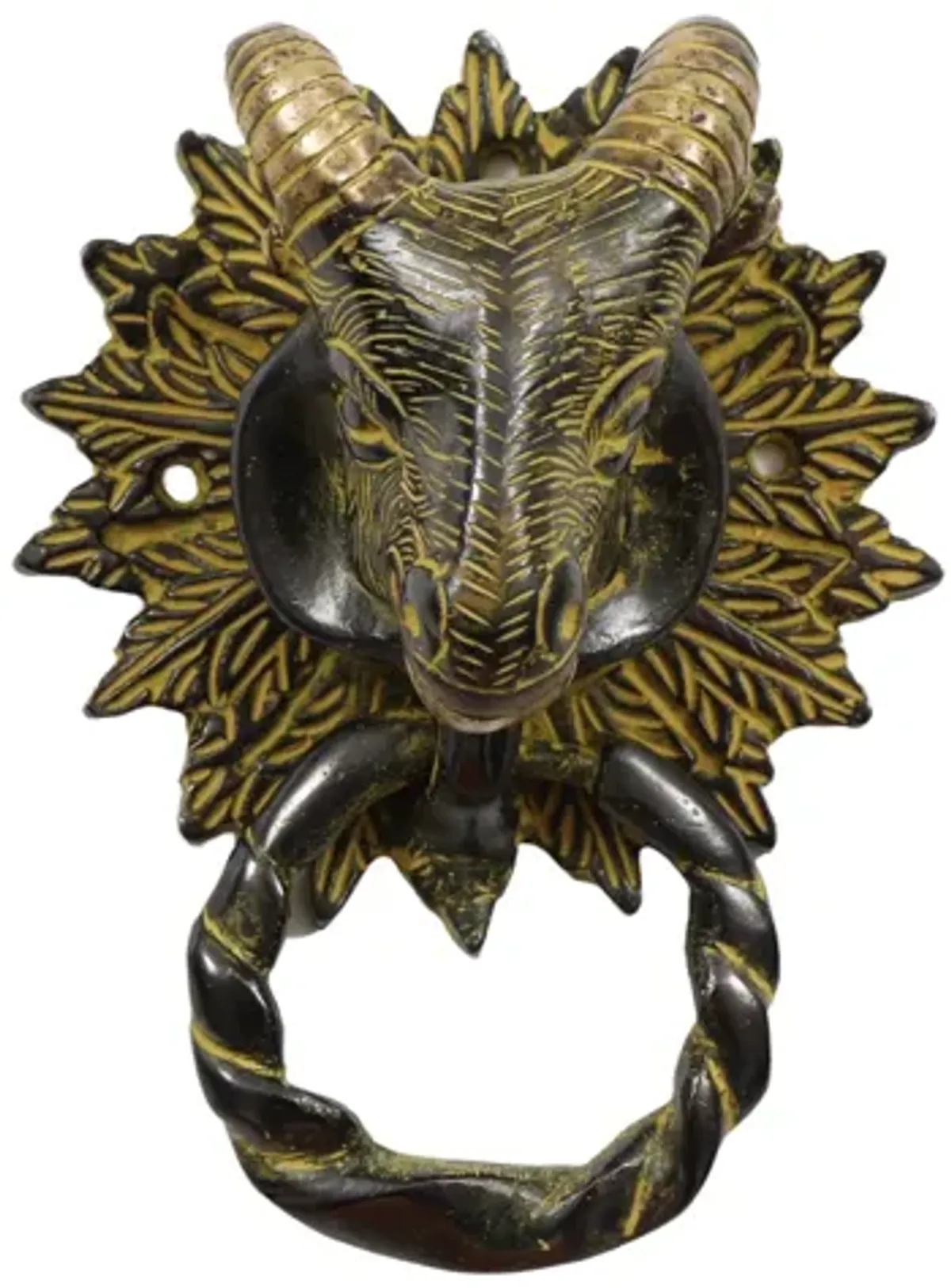 Green Brass Ram's Head Door Knocker - Interesting Things - Brown