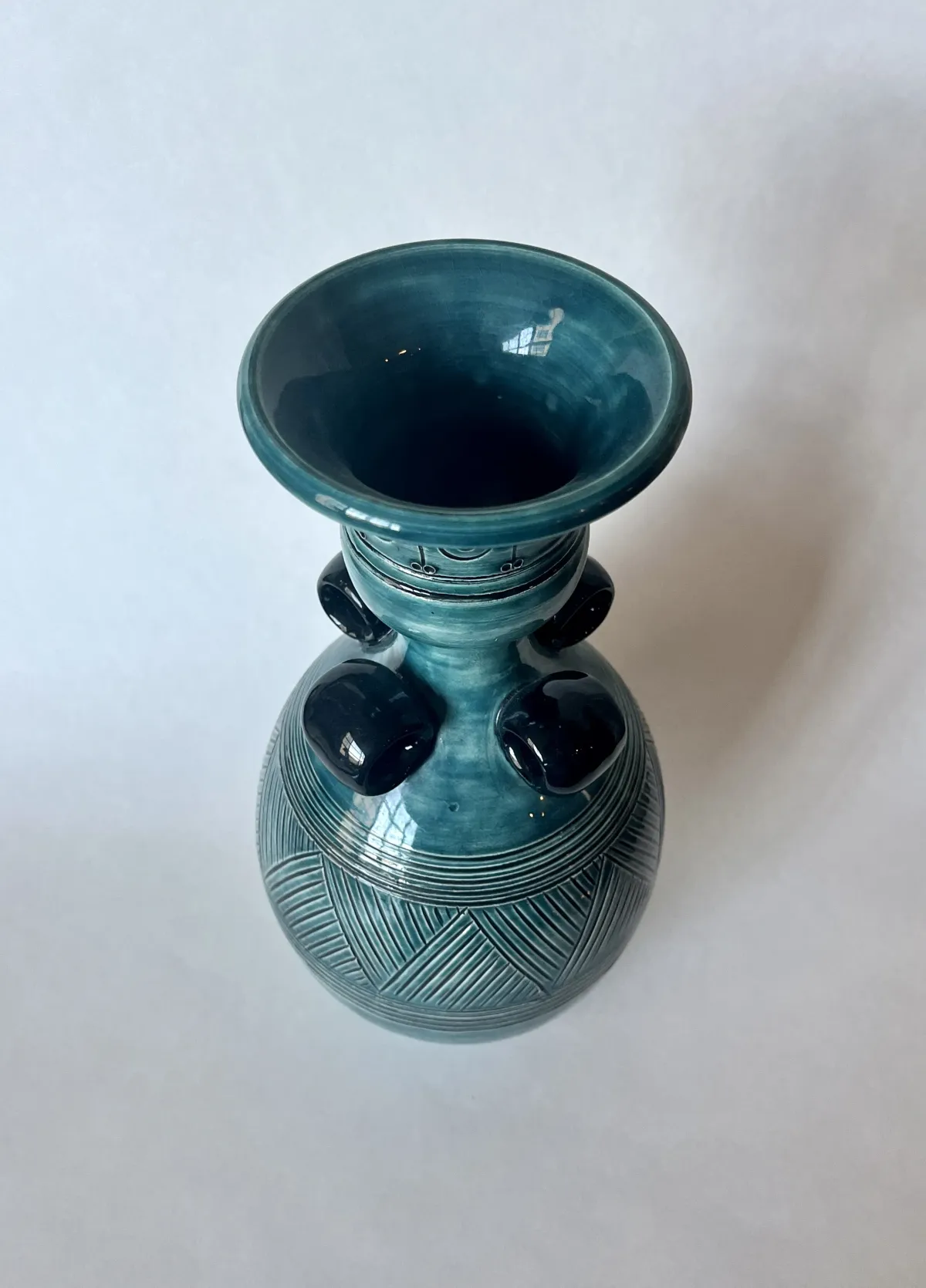 1970s Blue Glazed Ceramic Detailed Vase - Pilar Collection