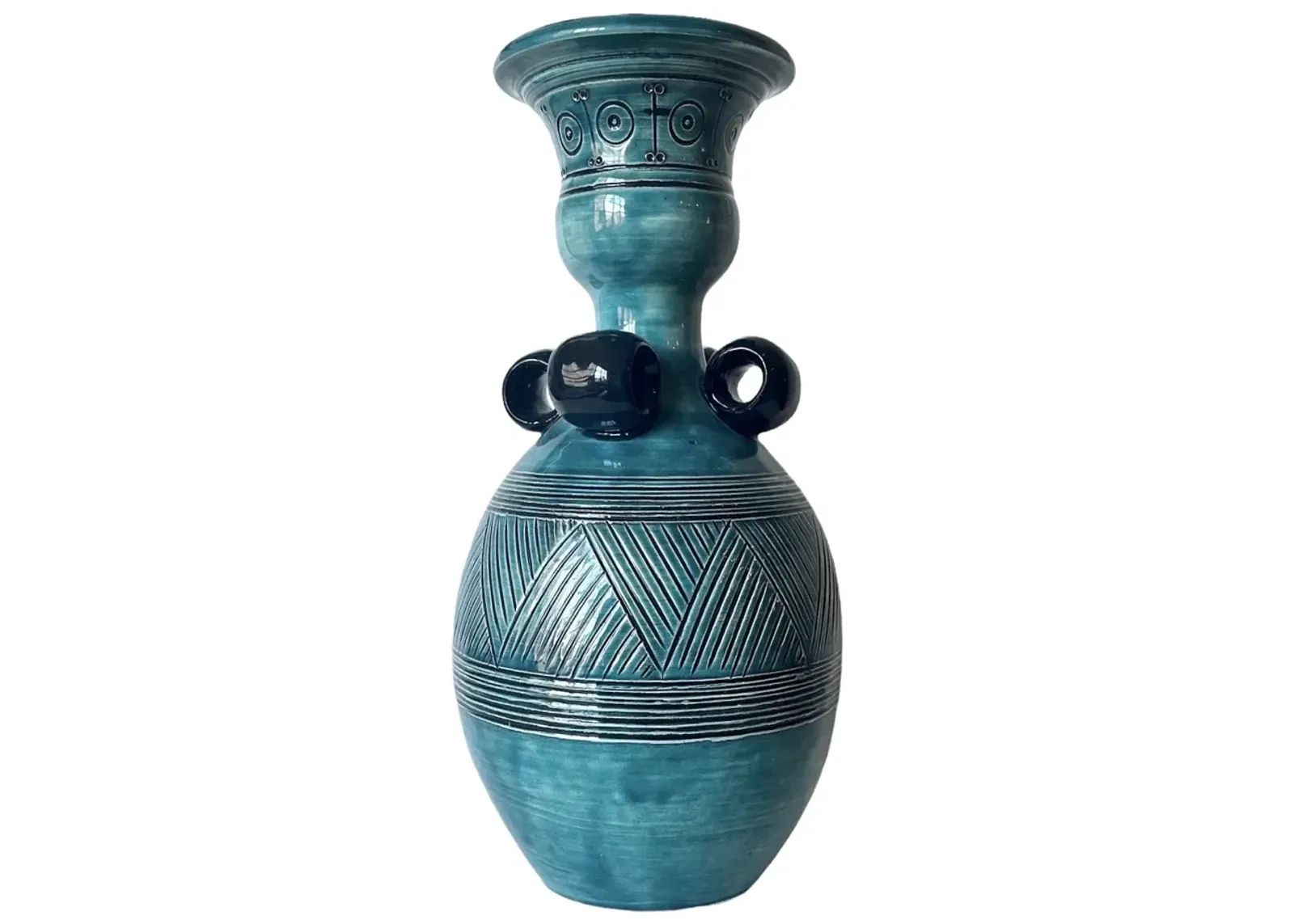 1970s Blue Glazed Ceramic Detailed Vase - Pilar Collection