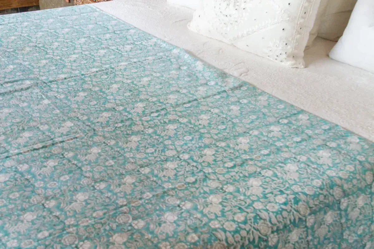 Oleander Aqua Block Print Coverlet - de-cor - Handcrafted - Blue