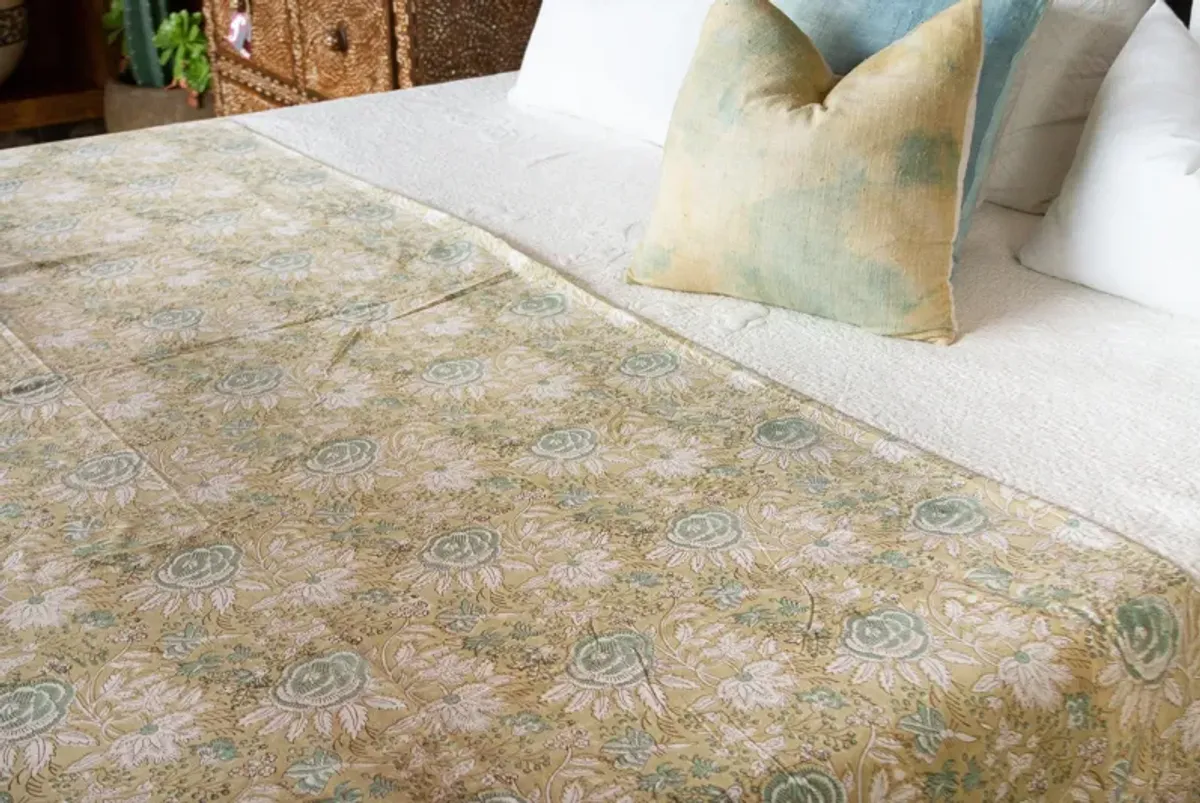 Floral Block Print Cotton Bed Coverlet - de-cor - Handcrafted - Green