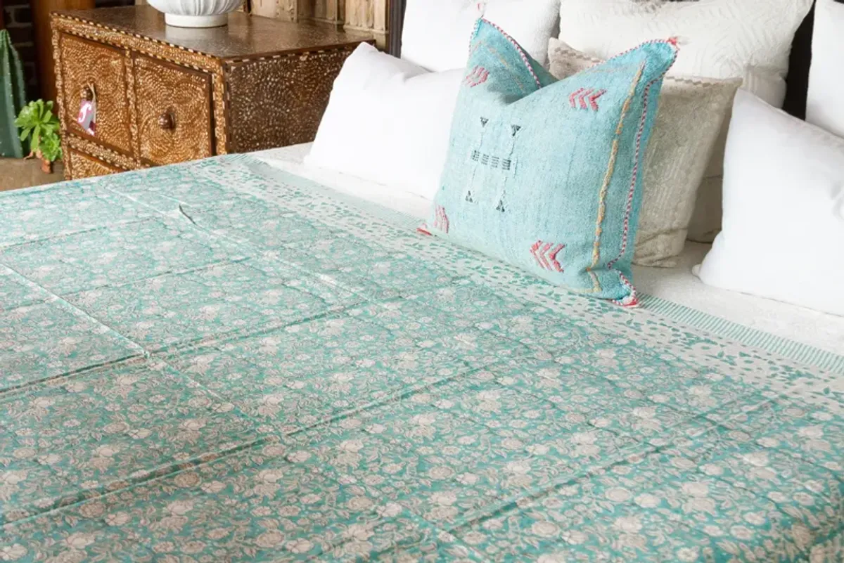 Aqua Blooming Block Print Coverlet - de-cor - Handcrafted - Blue