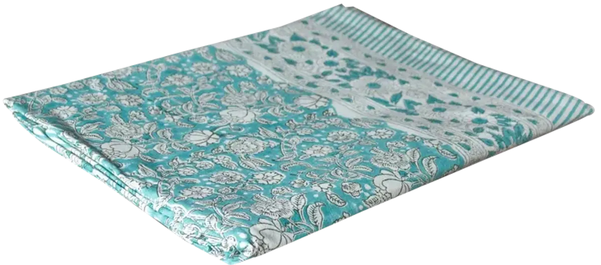 Aqua Blooming Block Print Coverlet - de-cor - Handcrafted - Blue