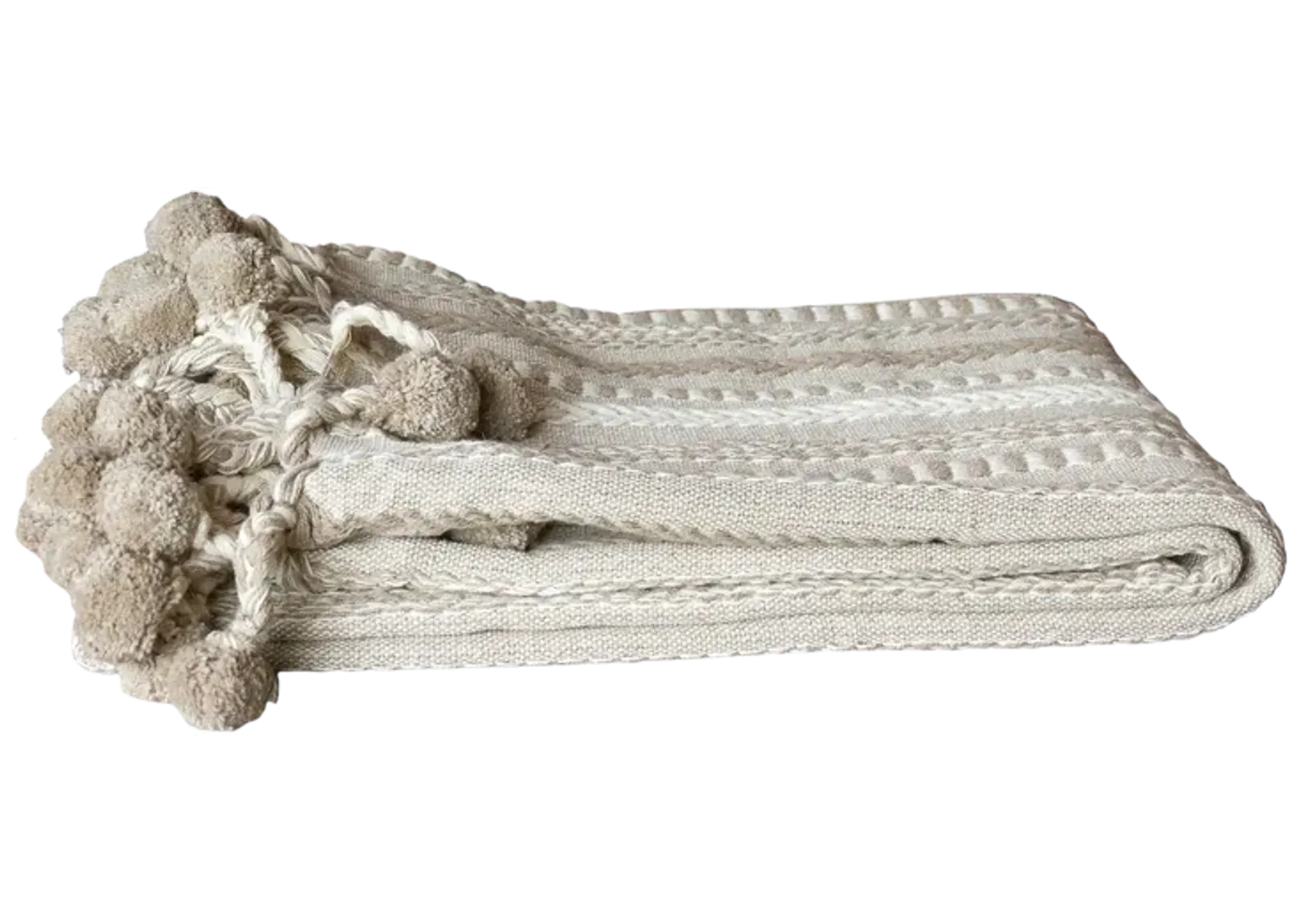 Beige Handloomed Cotton Pom-Pom Throw - de-cor