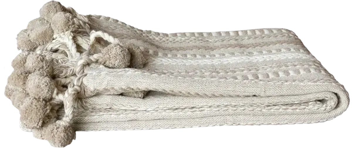 Beige Handloomed Cotton Pom-Pom Throw - de-cor