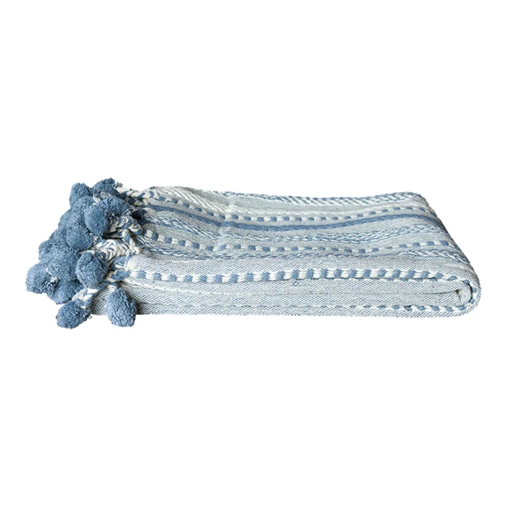 Azul Handloomed Cotton Pom-Pom Throw - de-cor - Blue