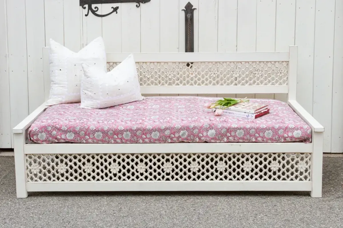 Antiqued White Carved Floral Jali Daybed