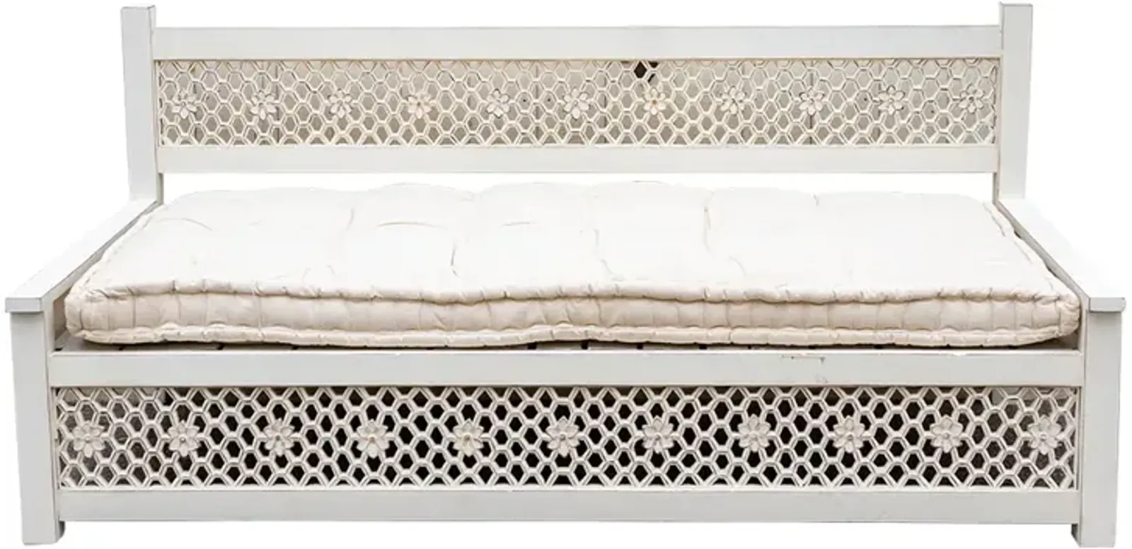 Antiqued White Carved Floral Jali Daybed - de-cor - Comfortable, Sturdy