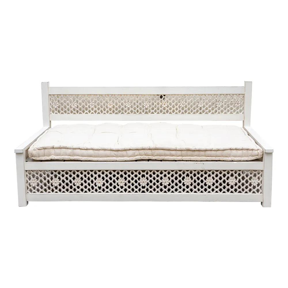 Antiqued White Carved Floral Jali Daybed - de-cor - Comfortable, Sturdy