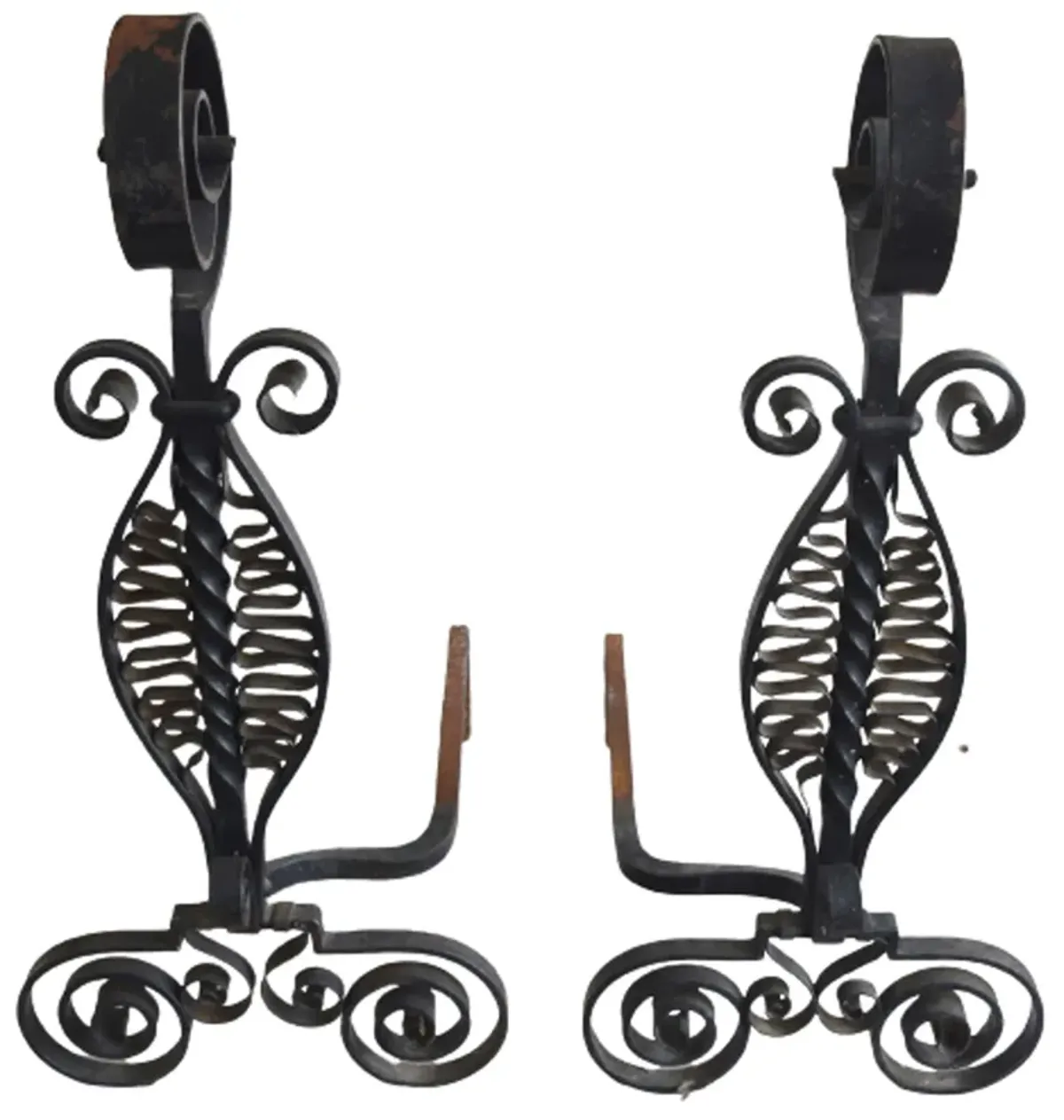 Pair Wrought Iron Fireplace Andirons - Black