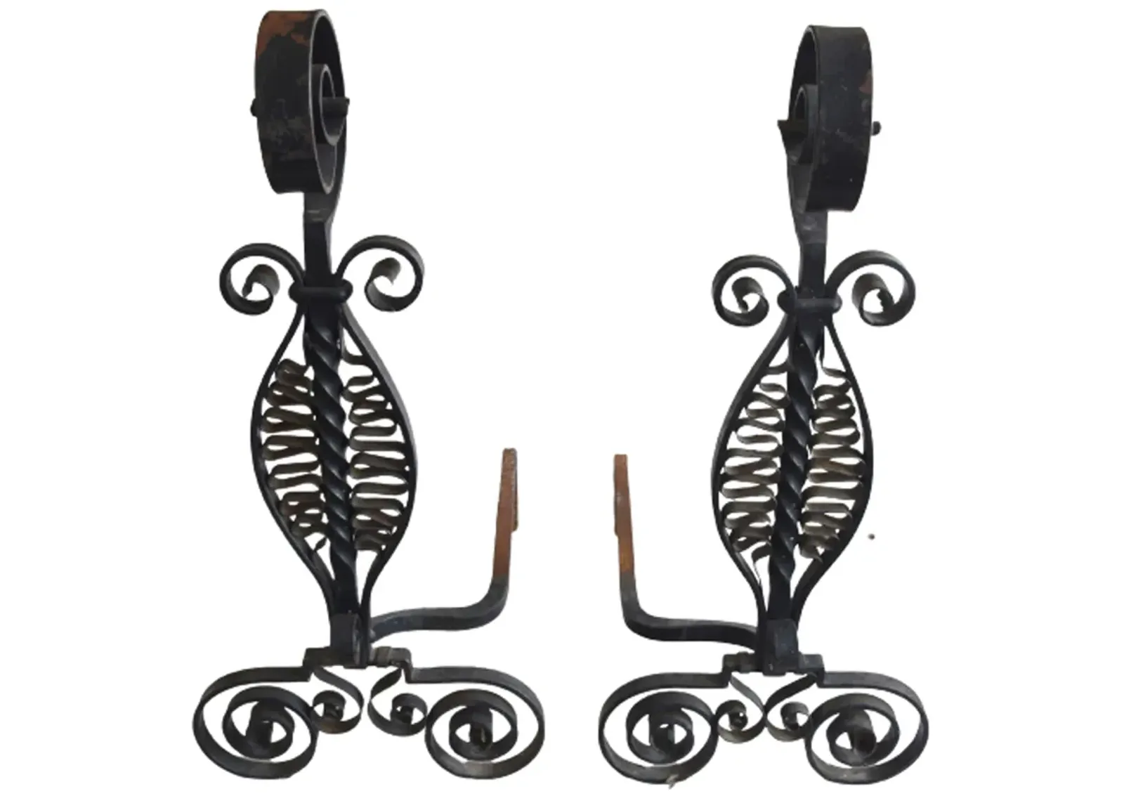 Pair Wrought Iron Fireplace Andirons - Black