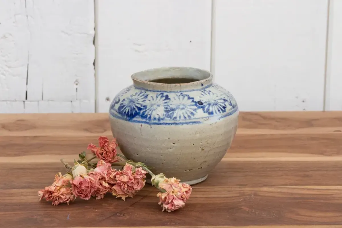 Antique Korean Glazed Floral Jar - de-cor - Blue