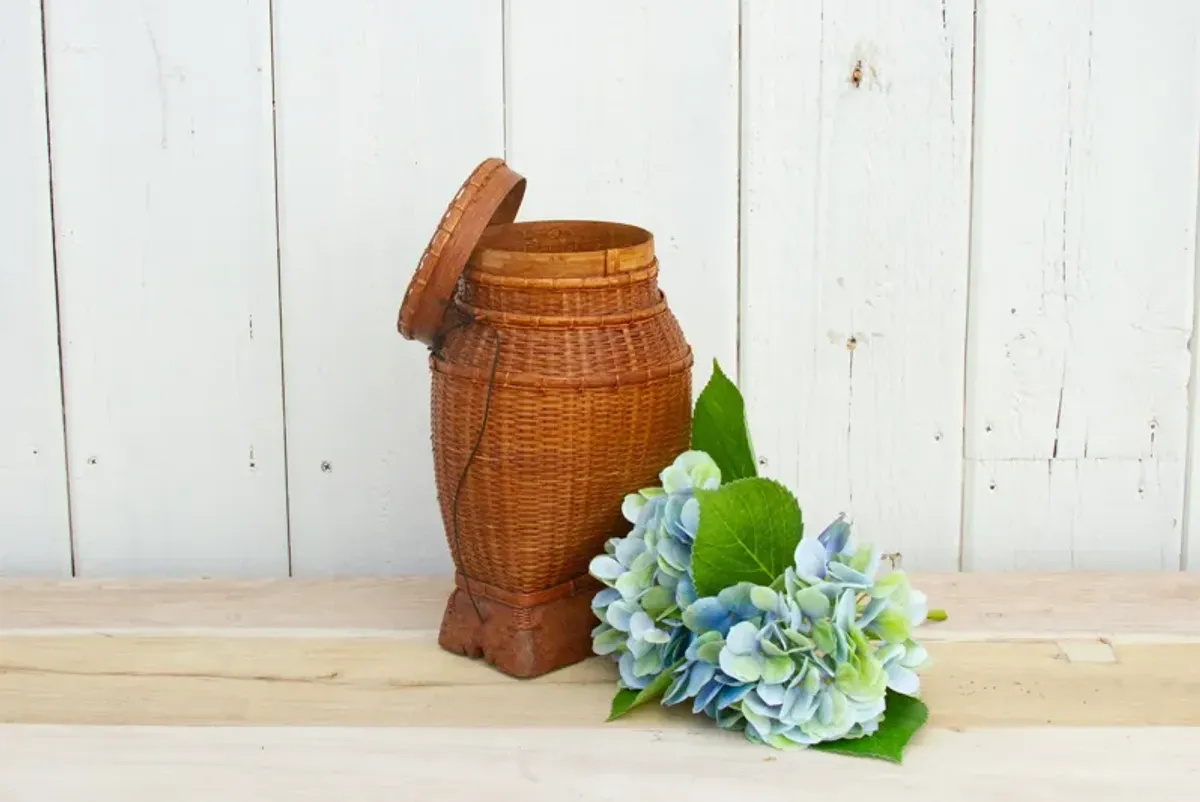 Vintage Asian Round Woven Container - de-cor - Brown