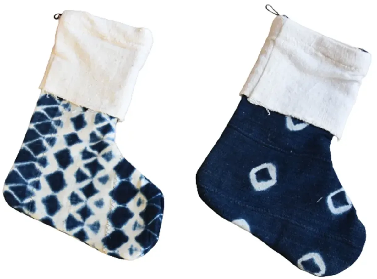 African Textile Christmas Stockings - Set of 2 - Blue