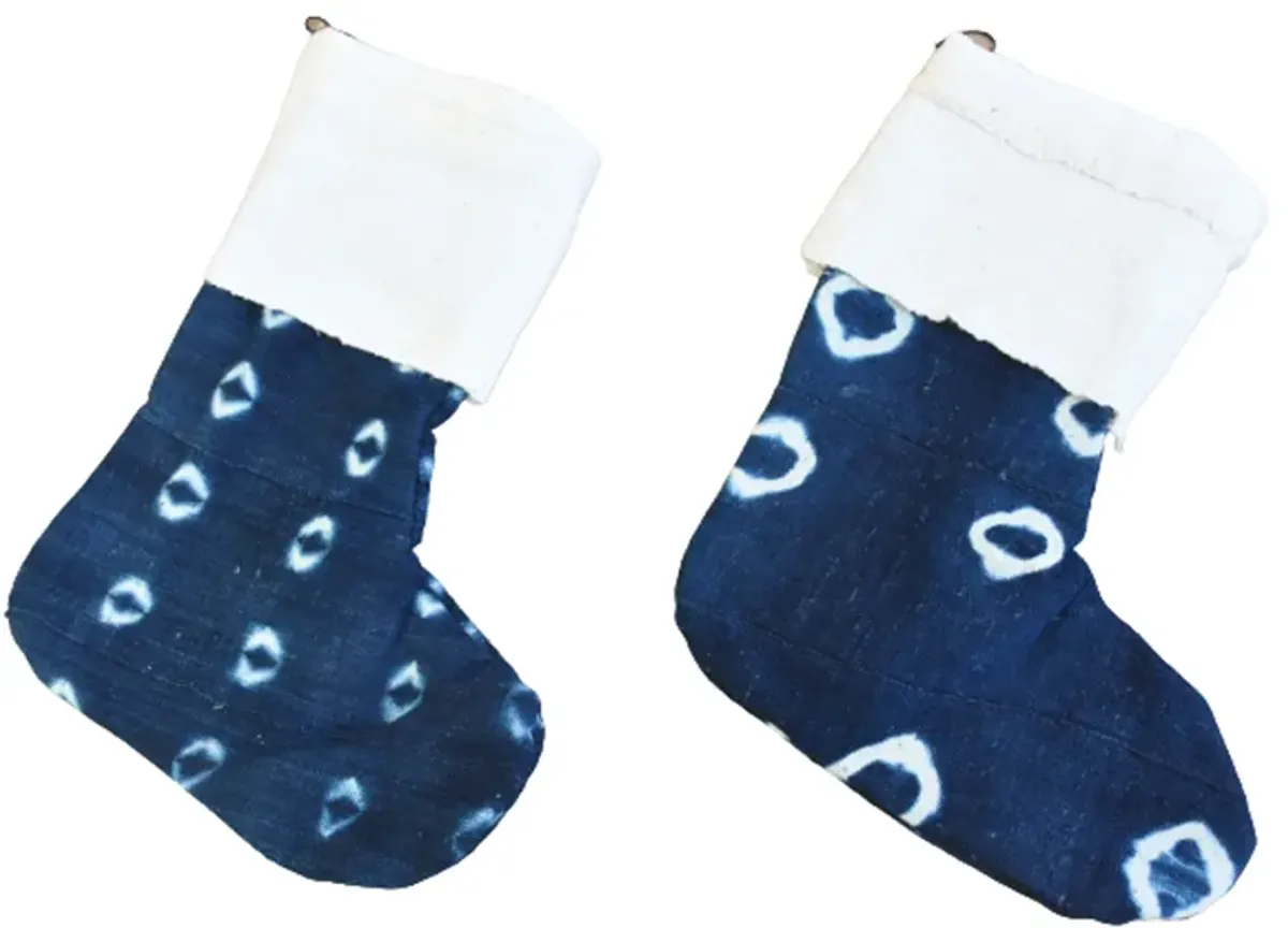 African Textile Christmas Stockings - Set of 2 - Blue