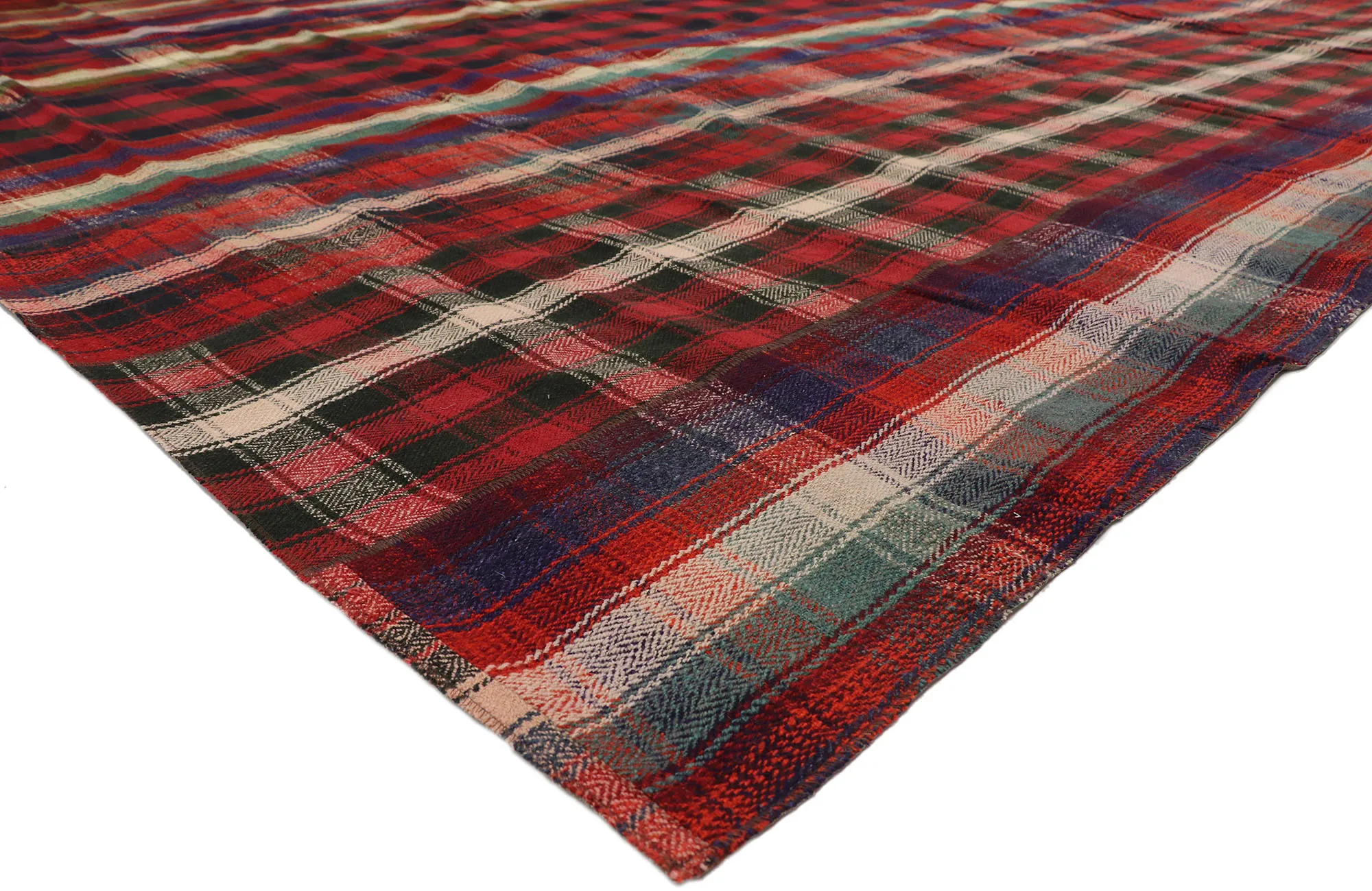 Tartan Kilim Plaid Rug - 12'11" x 15'2" - Esmaili Rugs & Antiques - Red - Red