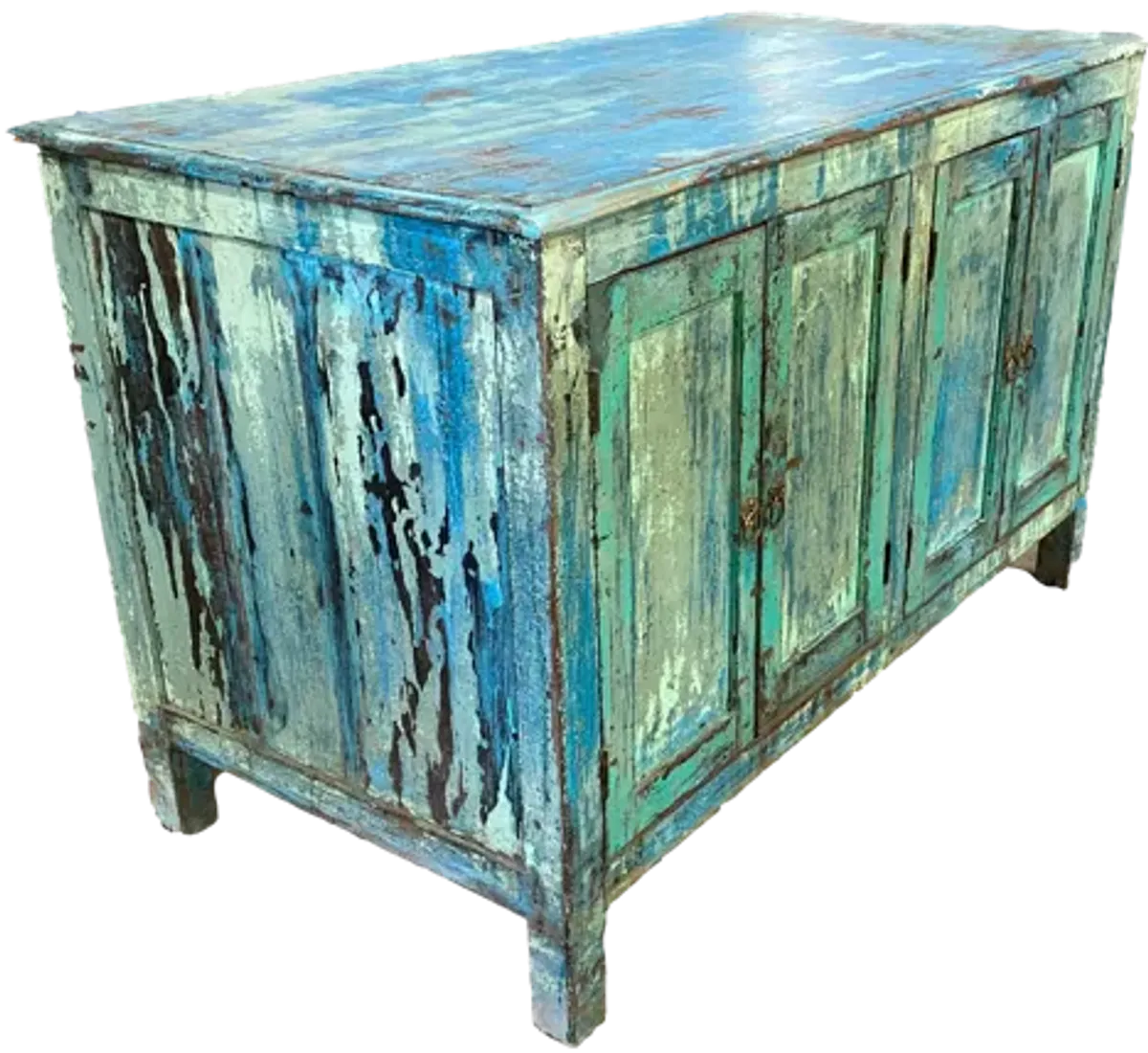 Teak Blue Painted Cabinet Commode - Ballyhoo