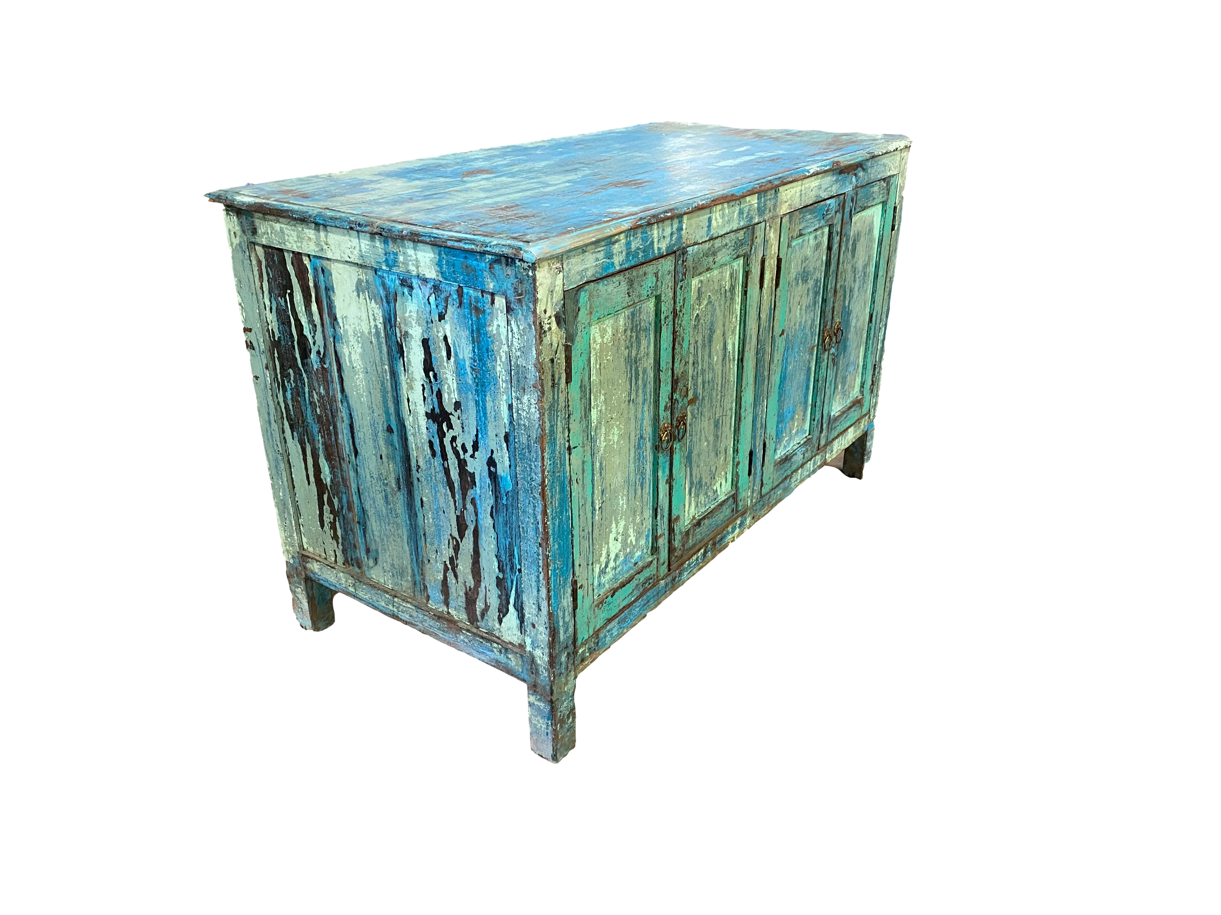 Teak Blue Painted Cabinet Commode - Ballyhoo