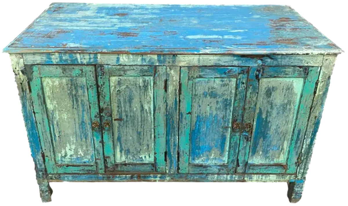 Teak Blue Painted Cabinet Commode - Ballyhoo