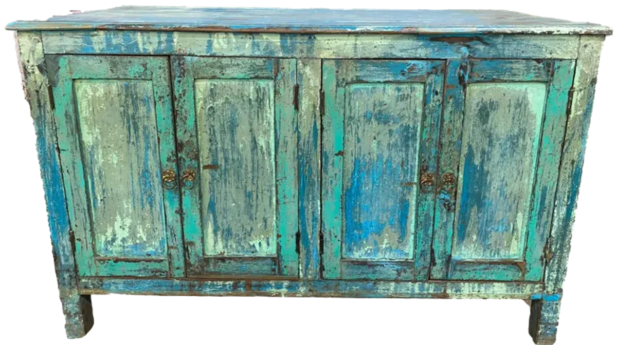 Teak Blue Painted Cabinet Commode - Ballyhoo