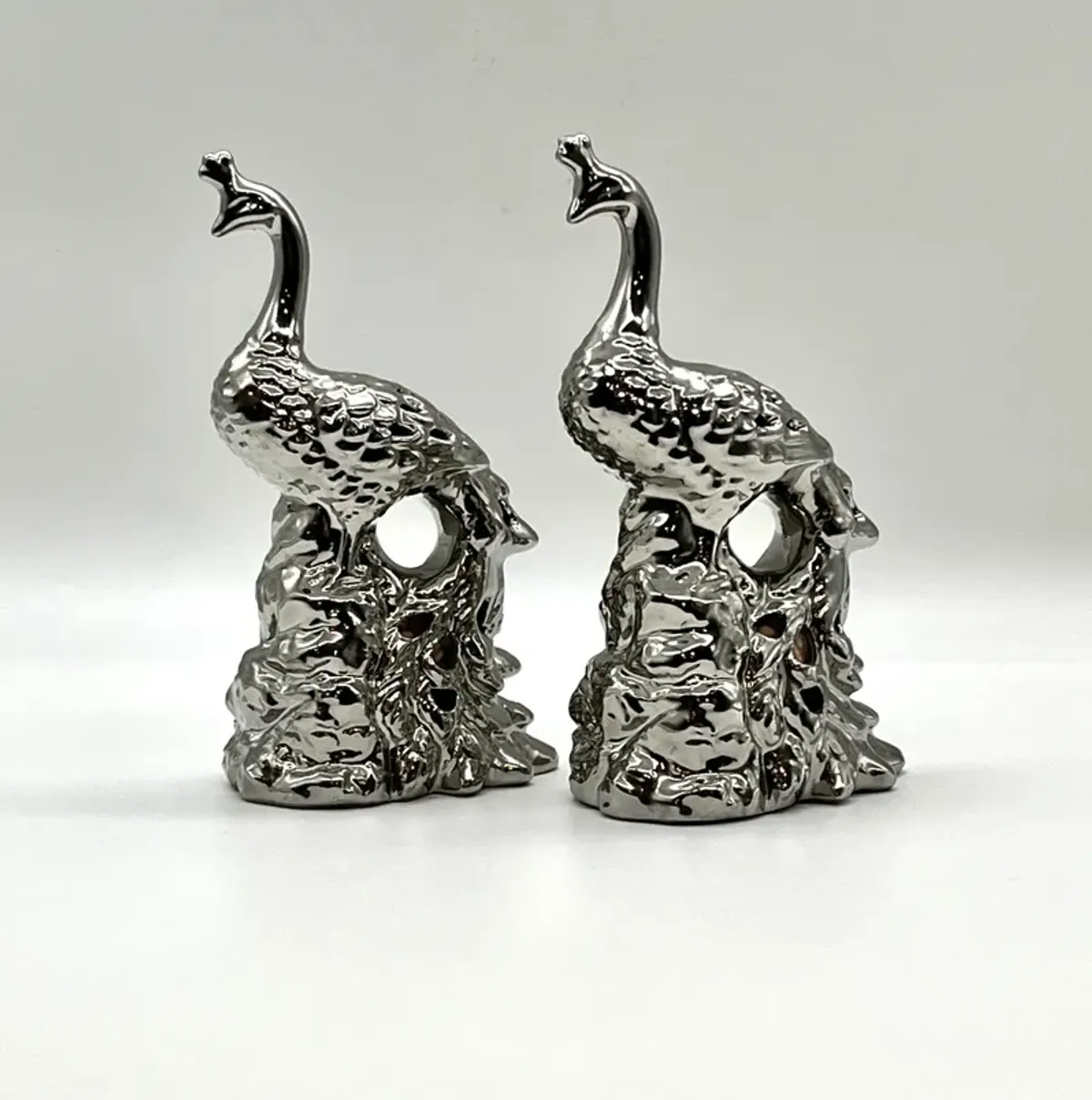 Silver Metal Peacock Figurines - Set of 2 - Pilar Collection