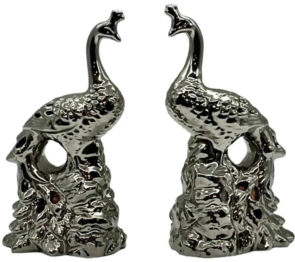 Silver Metal Peacock Figurines - Set of 2 - Pilar Collection