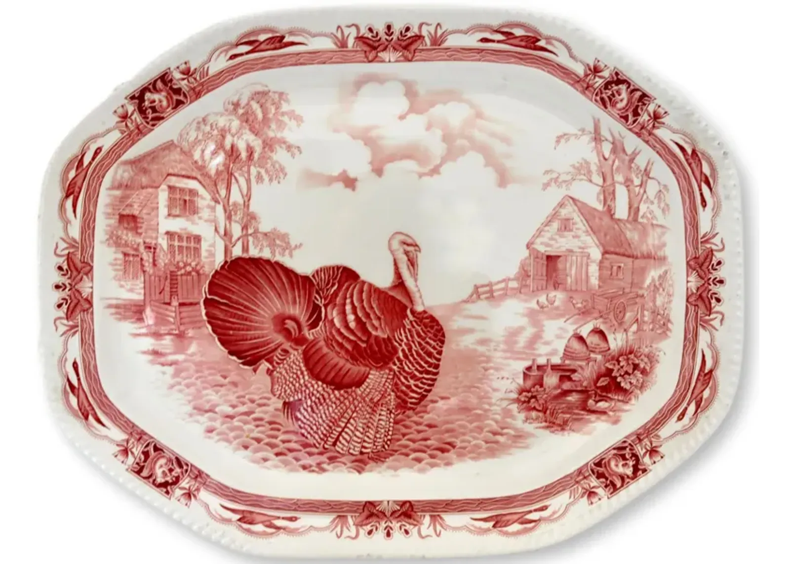 English Red & White Turkey Platter - Rose Victoria