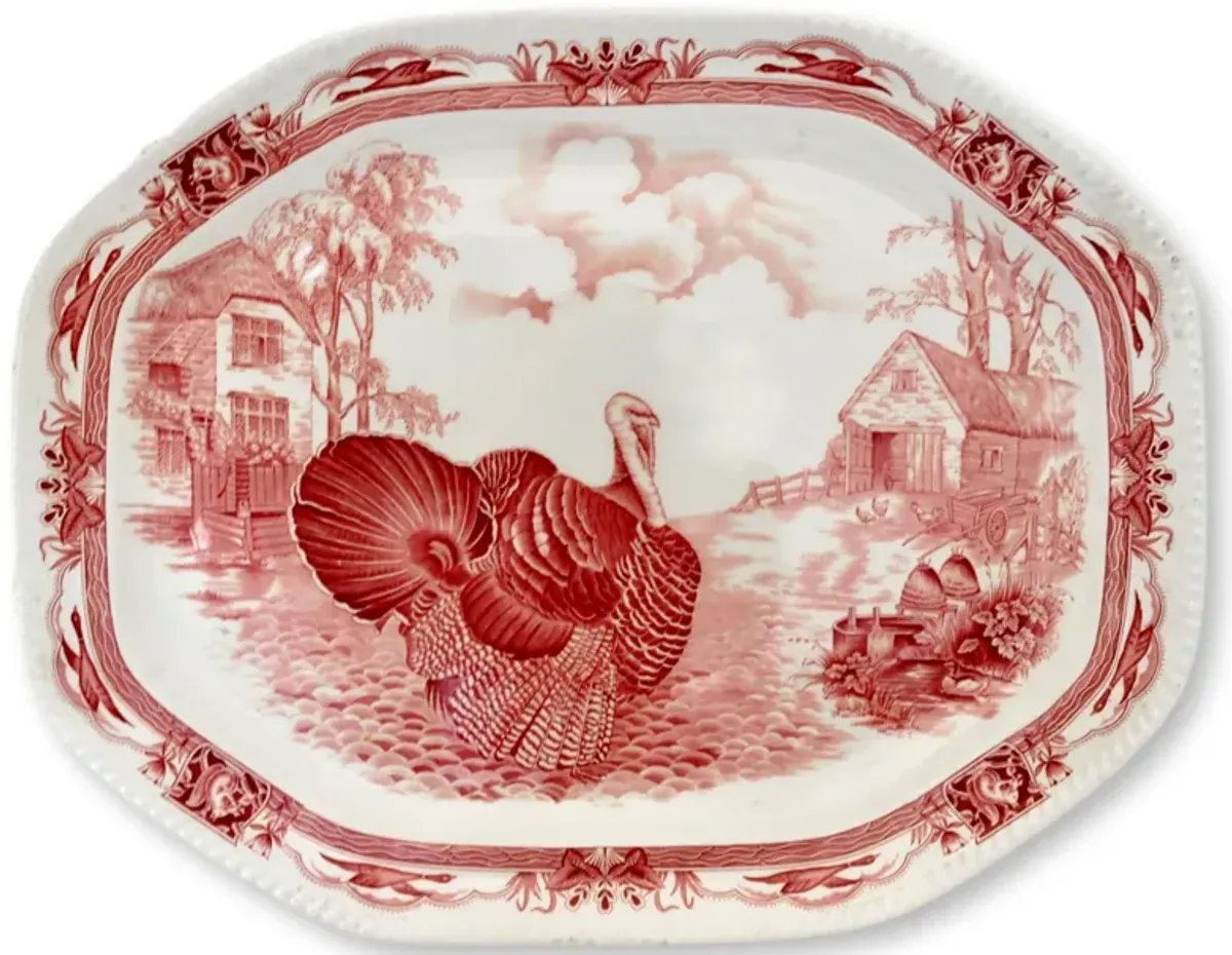 English Red & White Turkey Platter - Rose Victoria