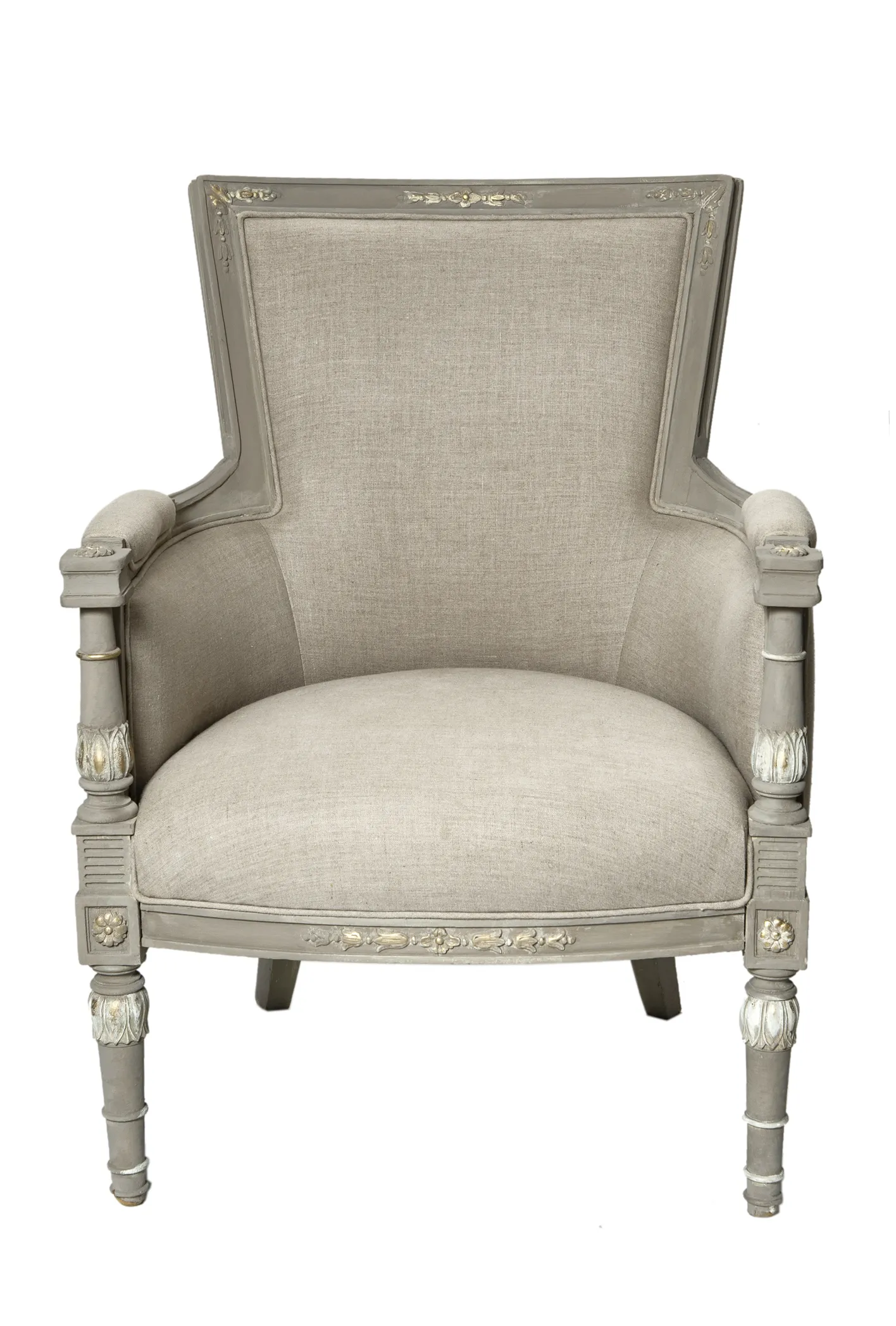 Hand Carved Linen Italian Bergere Chair - Fleur de Lex Antiques - Gray