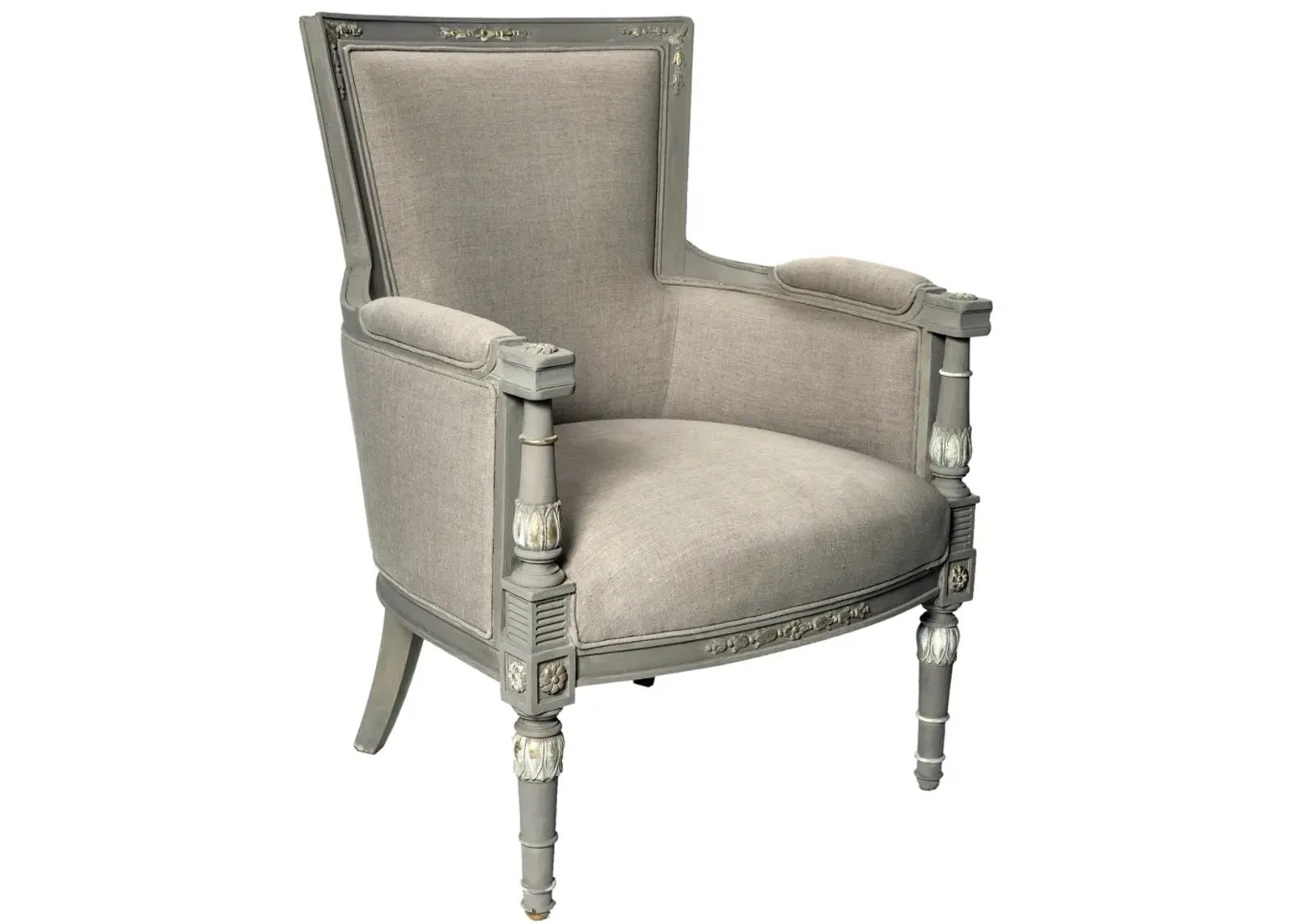 Hand Carved Linen Italian Bergere Chair - Fleur de Lex Antiques - Gray