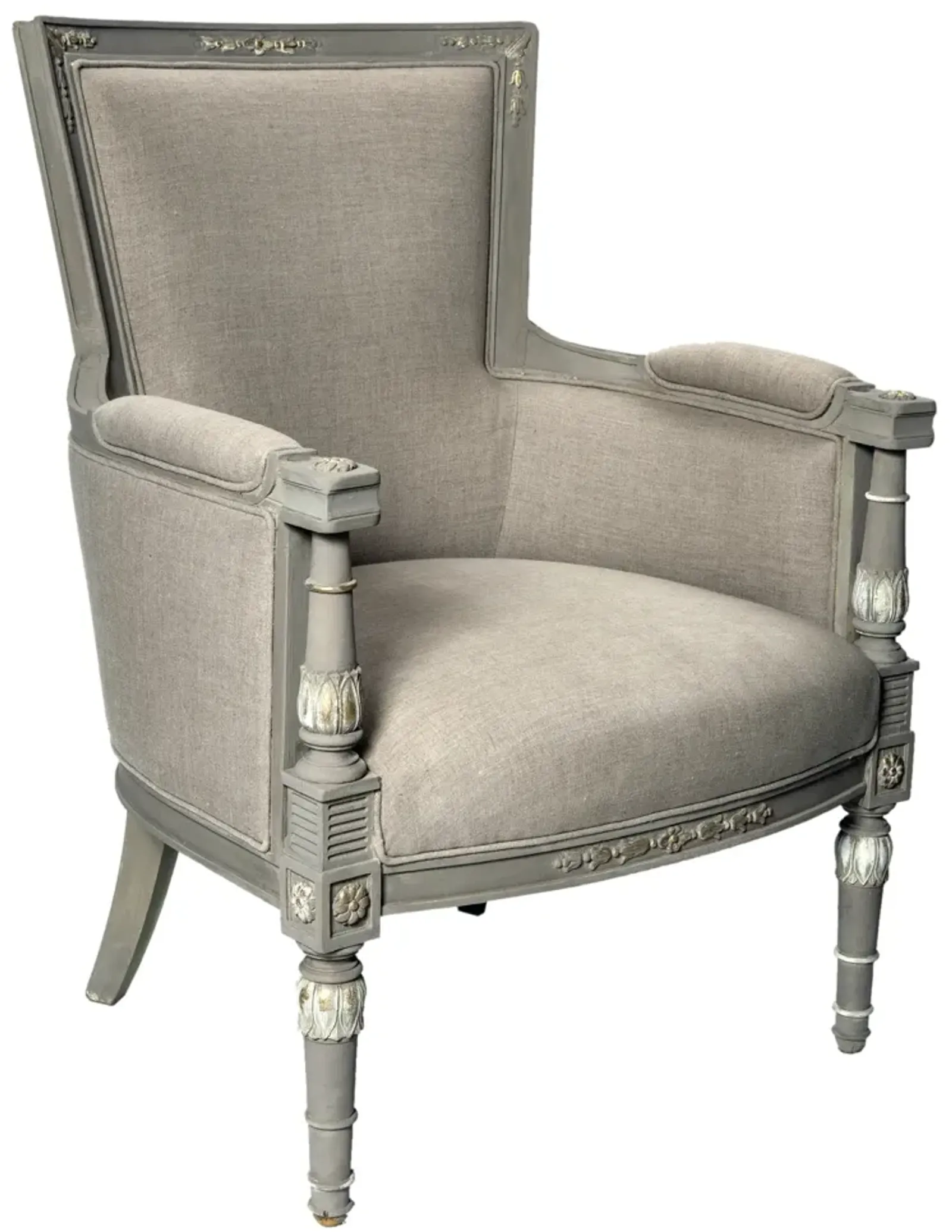 Hand Carved Linen Italian Bergere Chair - Fleur de Lex Antiques - Gray