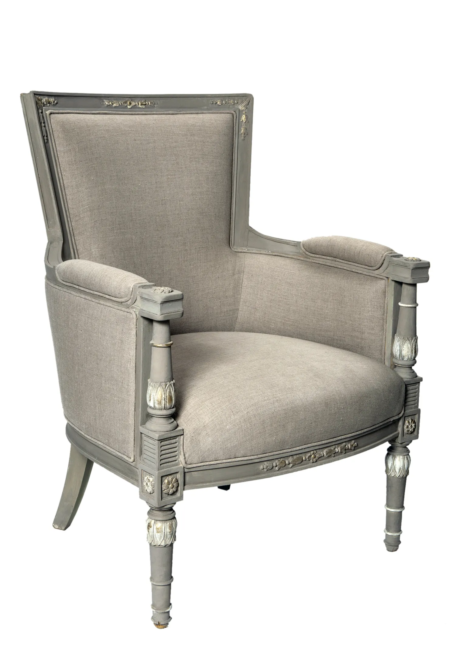 Hand Carved Linen Italian Bergere Chair - Fleur de Lex Antiques - Gray