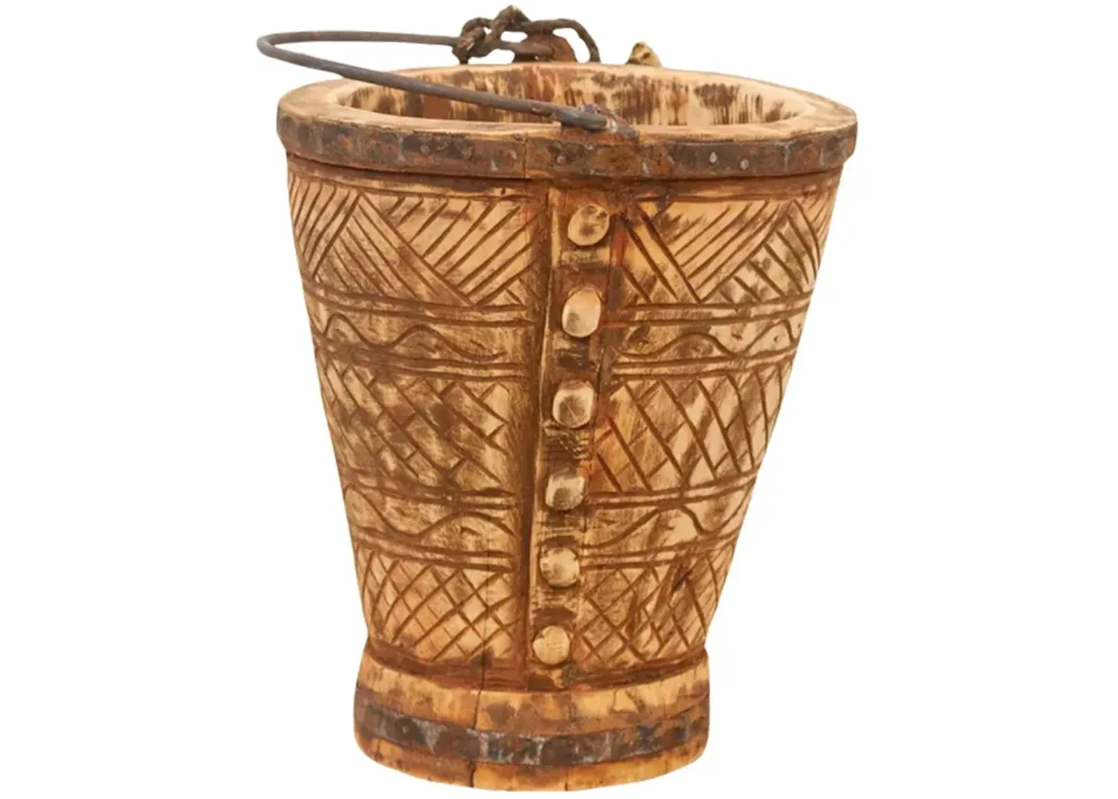 Indian Himachal Carved Bucket - de-cor - Brown