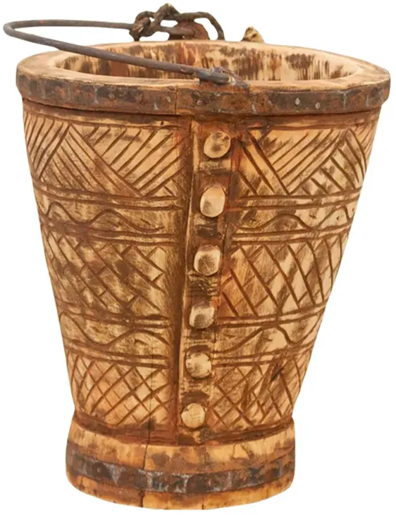 Indian Himachal Carved Bucket - de-cor - Brown