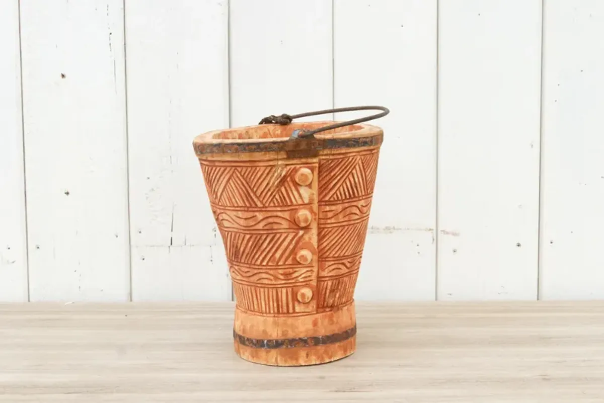 Coral Himachal Carved Bucket - de-cor - Brown