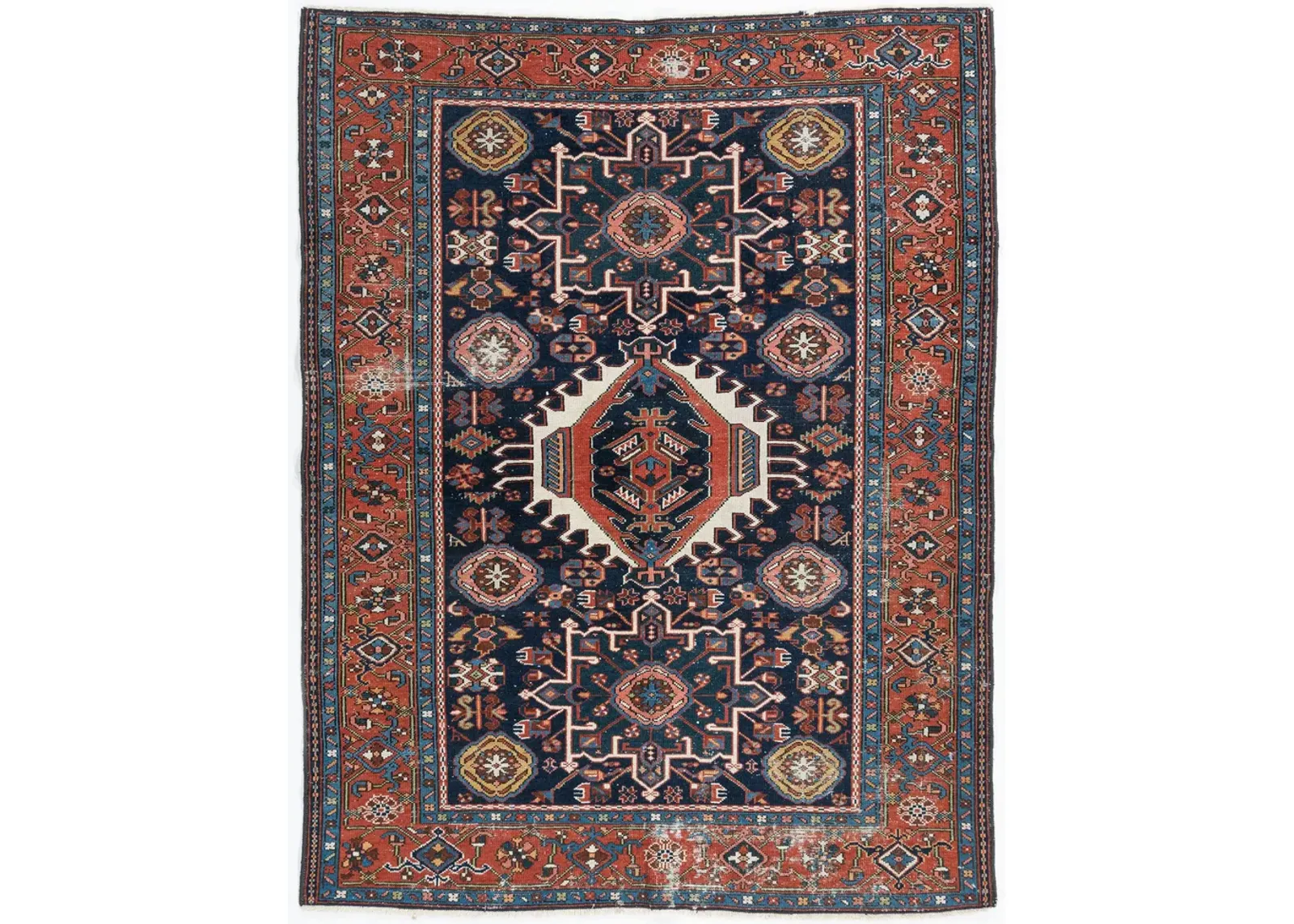 Distressed Brick Red Heriz Rug 4'1"x6'3" - Blue - Blue