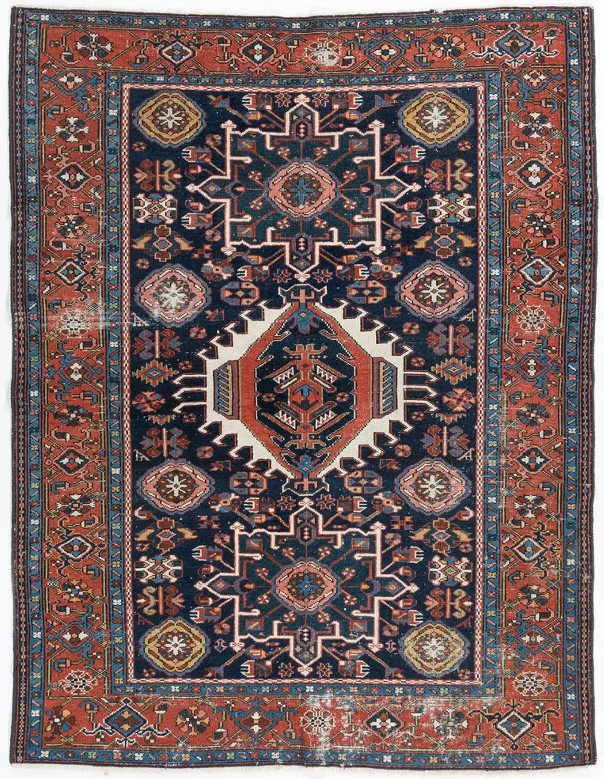 Distressed Brick Red Heriz Rug 4'1"x6'3" - Blue - Blue