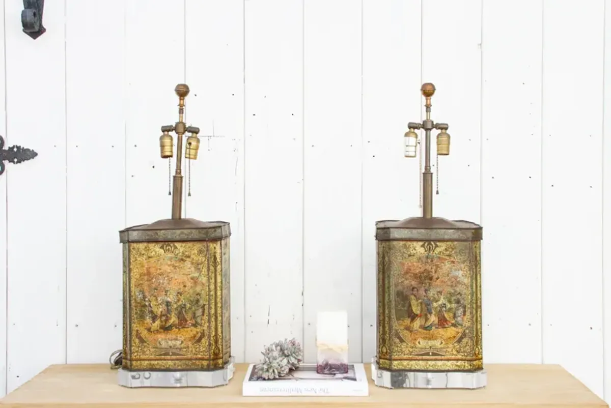 Pair of Antique Painted Canister Lamps - de-cor